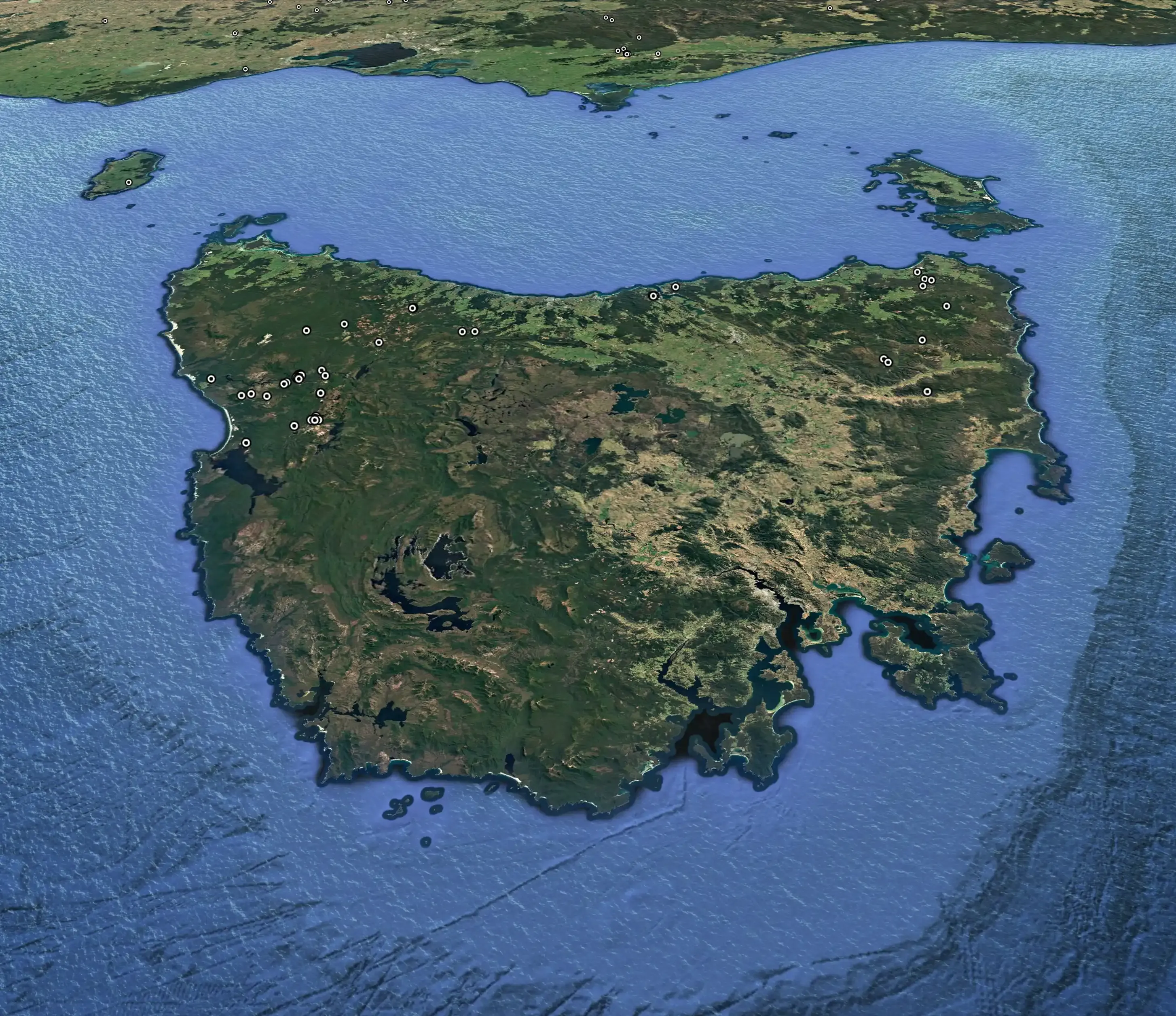 Google Earth view of Tasmania, showing data points from the Atlas of Australian Mine Waste, Geoscience Australia.